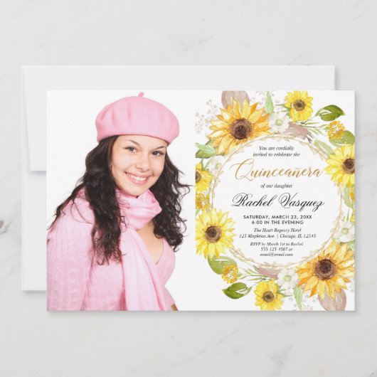 Sonnenblumen Gelbgoldblüten Quinceanera Foto Einladung (Vorderseite)