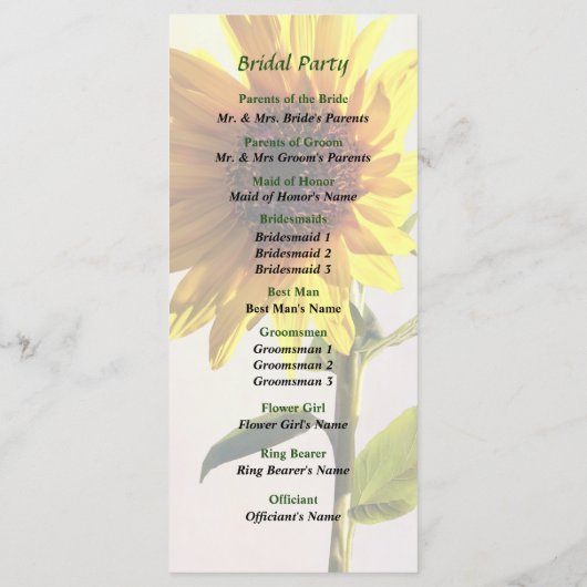 Sonnenblumen genießen das Sonnenhochzeitprogramm Programm (Rückseite)