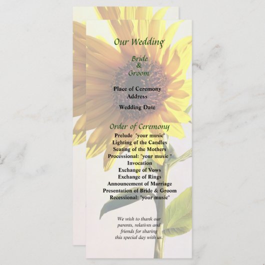 Sonnenblumen genießen das Sonnenhochzeitprogramm Programm (Vorne/Hinten)