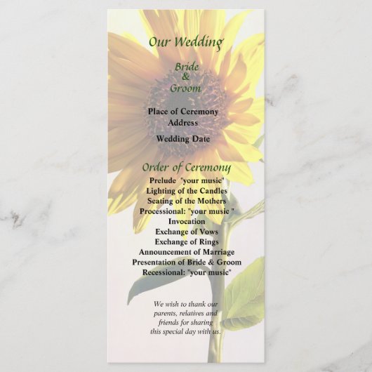 Sonnenblumen genießen das Sonnenhochzeitprogramm Programm (Vorderseite)