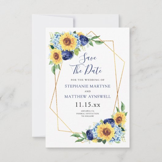 Sonnenblumen Geometric Dusty Blue Navy Floral Wedd Save The Date (Vorderseite)