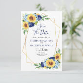 Sonnenblumen Geometric Dusty Blue Navy Floral Wedd Save The Date (Stehend Vorderseite)