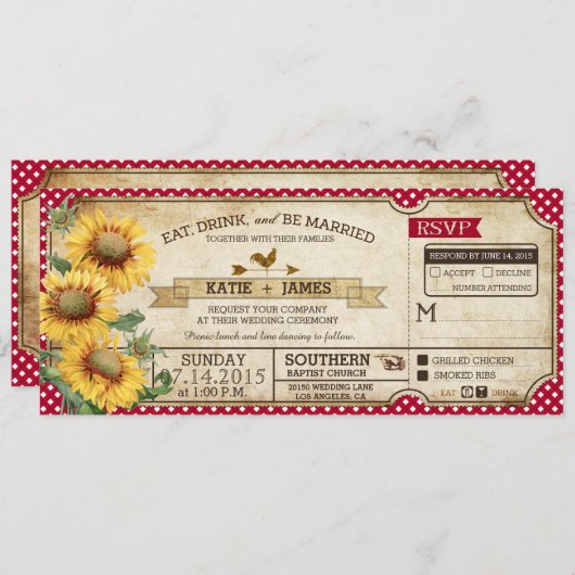 Sonnenblumen Gingham Karo Country Picnic Wedding Einladung (Vorne/Hinten)