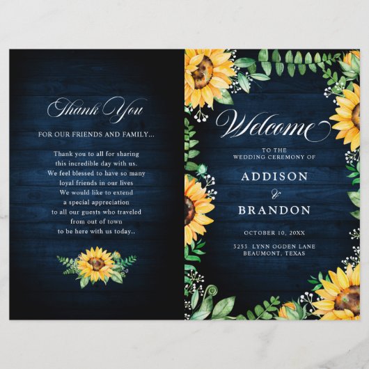 Sonnenblumen Gipskraut Navy Blue Wedding Programm (Vorderseite)