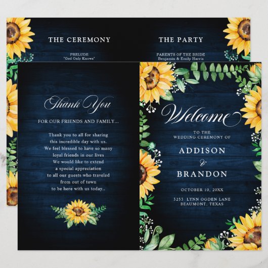 Sonnenblumen Gipskraut Navy Blue Wedding Programm (Vorne/Hinten)
