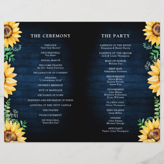 Sonnenblumen Gipskraut Navy Blue Wedding Programm (Rückseite)