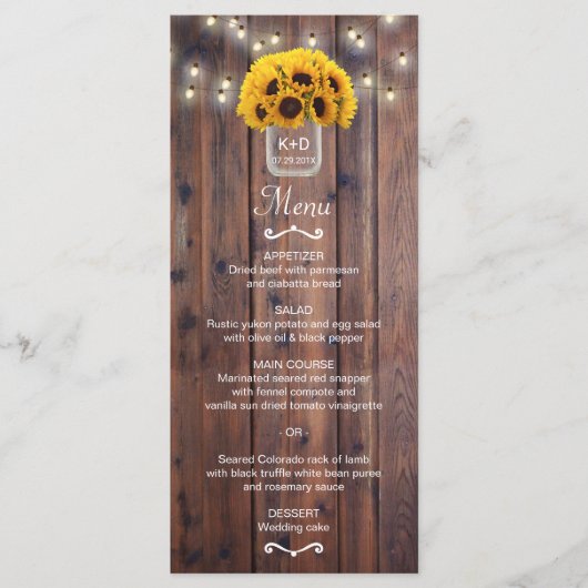 Sonnenblumen-Glas- Lichterkette Rustikale Hochzeit Menükarte (Vorderseite)