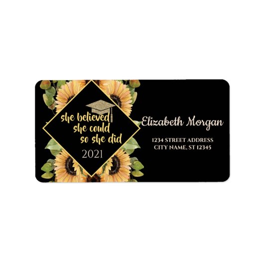 Sonnenblumen Glitzer Graduate Cap Adressaufkleber (Vorne)