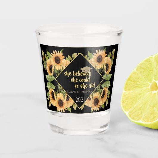 Sonnenblumen Glitzer Graduate Cap Schnapsglas (Vorderseite)