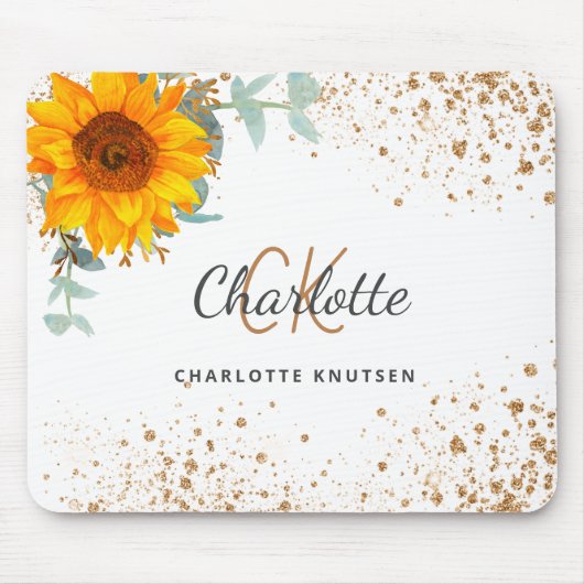 Sonnenblumen Glitzer Monogramm Name Mousepad (Vorne)