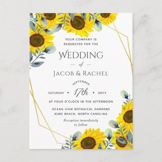 Sonnenblumen Green Gold Geometric Wedding Einladun Postkarte (Vorderseite)