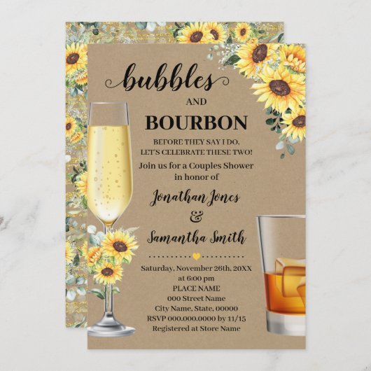 Sonnenblumen Grünblumen Blasen & Bourbon bevor ich Einladung (Vorne/Hinten)