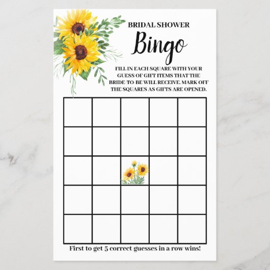 Sonnenblumen Grünes Brautparty Bingo Spielkarte Flyer (Vorne)
