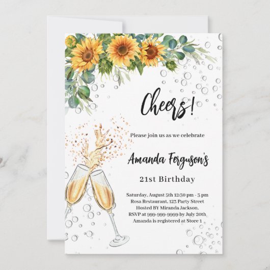 Sonnenblumen Grünpflanzen heitern Blasen Geburtsta Einladung (Vorderseite)