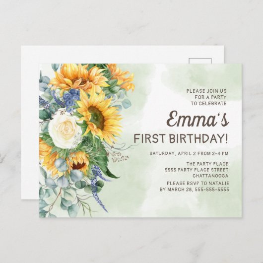 Sonnenblumen Grünpflanzen Kleine Mädchen 1. Geburt Postkarte (Vorne/Hinten)