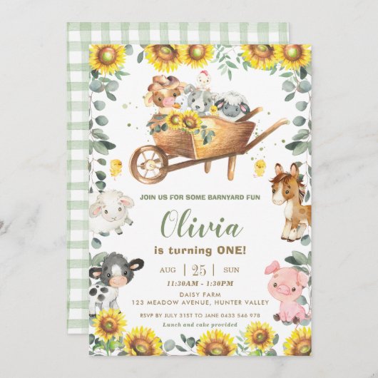 Sonnenblumen Grünpflanzen Tiere Barnyard Geburtsta Einladung (Vorne/Hinten)