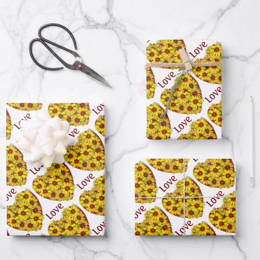 Sonnenblumen-Herz-Geschenkpapier-Set mit 3 flachen Geschenkpapier Set (Vorderseite)
