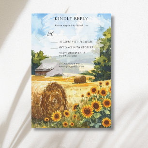 Sonnenblumen Heuballen Holzhütte Landhochzeit RSVP Karte