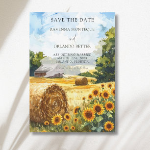 Sonnenblumen Heuballen Holzhütte Landhochzeit Save The Date