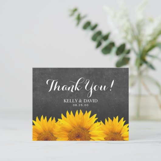 Sonnenblumen Hochzeit Danke Chalkboard Postkarte (Stehend Vorderseite)