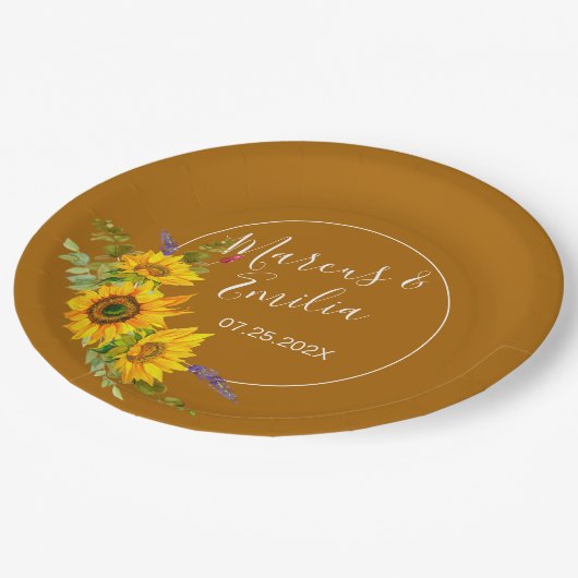 Sonnenblumen-Hochzeit im Herbst Pappteller (Schrägansicht)