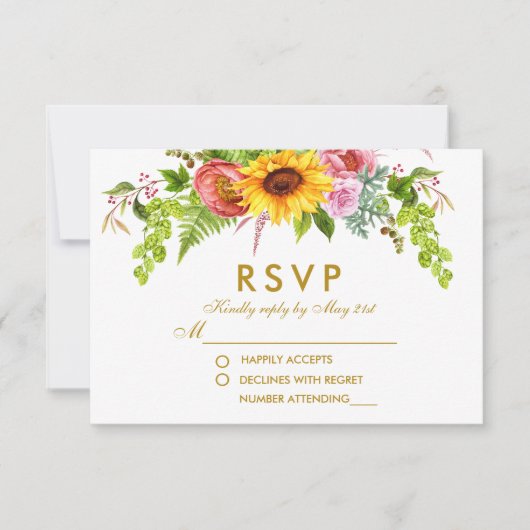 Sonnenblumen-Hochzeit mit Aquarellblume Gold Hochz RSVP Karte (Vorderseite)