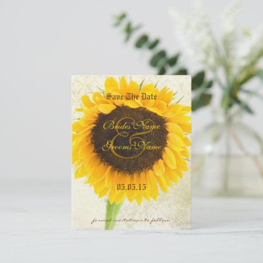 Sonnenblumen-Hochzeit mit deprimiertem Damast spei Save The Date (Stehend Vorderseite)