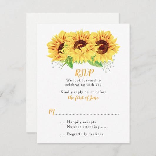 Sonnenblumen Hochzeit RSVP Card Wasserfarben (Vorne/Hinten)