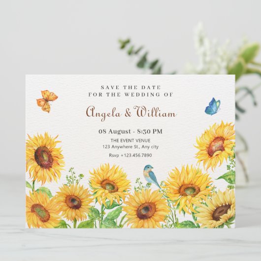 Sonnenblumen-Hochzeit Save The Date (Stehend Vorderseite)
