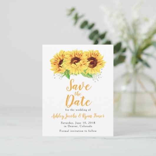 Sonnenblumen Hochzeit Save the Date Watercolor Flo (Stehend Vorderseite)