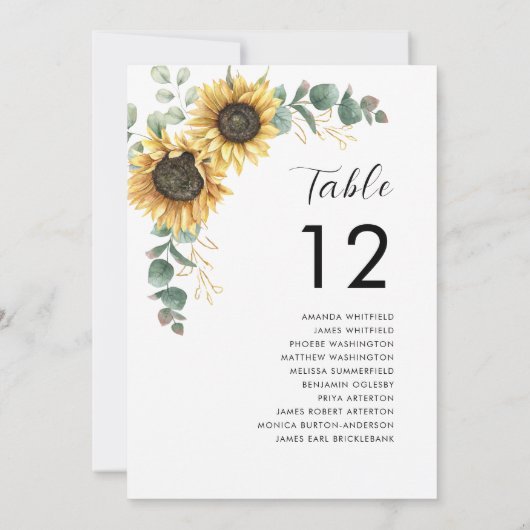 Sonnenblumen Hochzeit Tischnummer 12 Sitzplan (Rückseite)