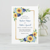 Sonnenblumen Hochzeit von Blaublauer Blütengold Einladung (Stehend Vorderseite)