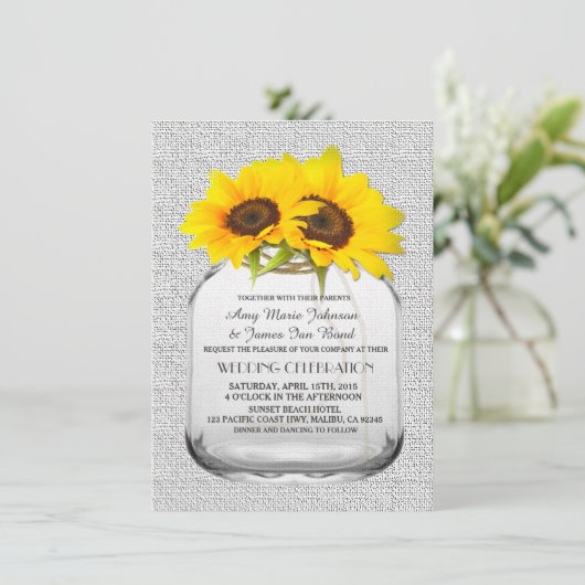 Sonnenblumen Hochzeit von Mason Jar einlädt Sonnen Einladung (Stehend Vorderseite)