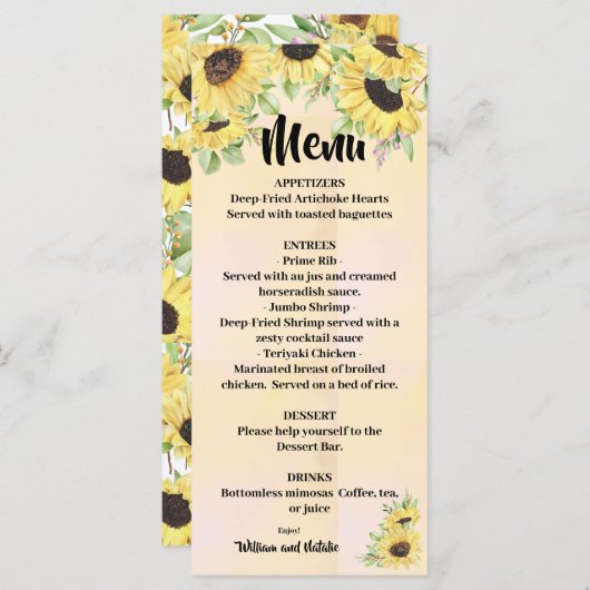 Sonnenblumen Hochzeiten-Brautparty-Menü Menükarte (Vorne/Hinten)
