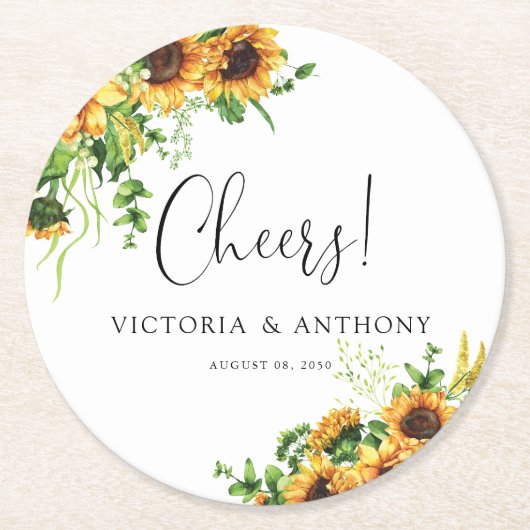 Sonnenblumen-Hochzeits-Cheers-Runder Untersetzer (Vorderseite)