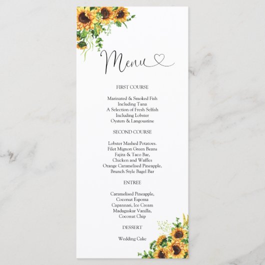 Sonnenblumen-Hochzeitsmenü Menükarte (Vorderseite)