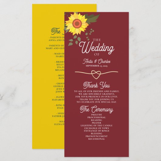 Sonnenblumen-Hochzeitsprogramm (Vorne/Hinten)