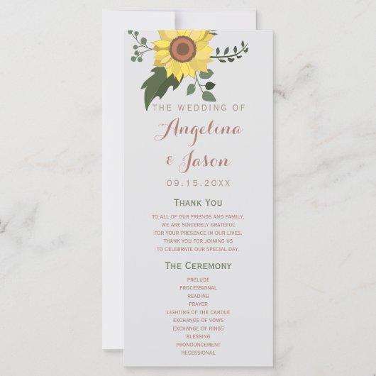 Sonnenblumen-Hochzeitsprogramm (Vorderseite)