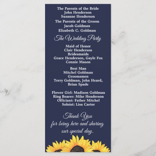 Sonnenblumen Hochzeitsprogramm Country Floral on B Programm (Rückseite)