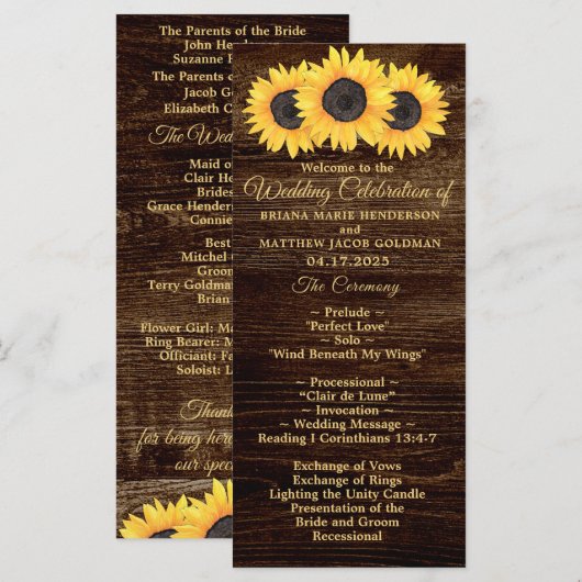 Sonnenblumen Hochzeitsprogramm für Wälder-Flora Programm (Vorne/Hinten)