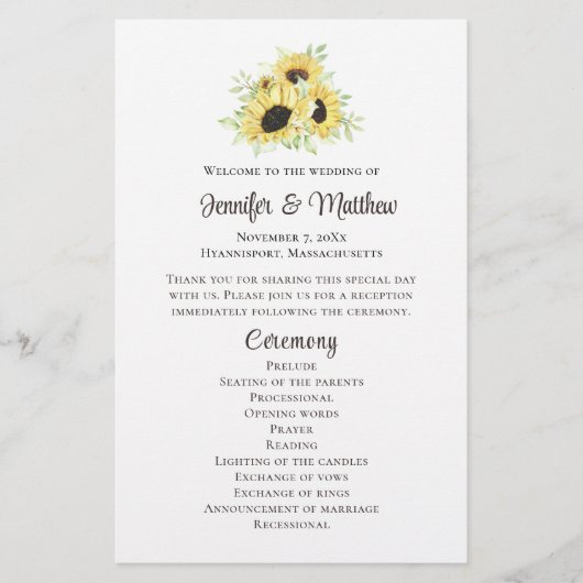Sonnenblumen-Hochzeitsprogramm Gelb Rustikal (Vorderseite)