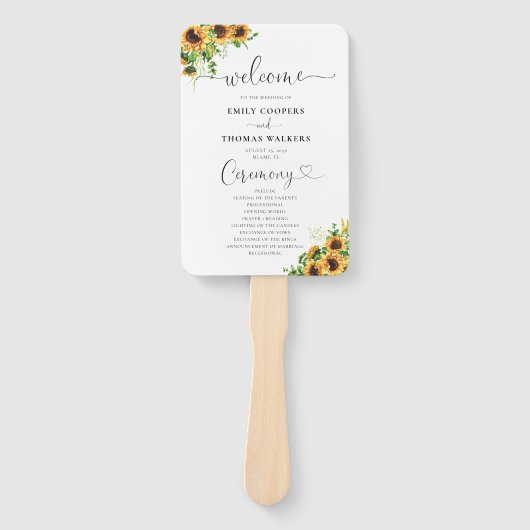 Sonnenblumen-Hochzeitsprogramm-Handfächer Fächer (Vorderseite)