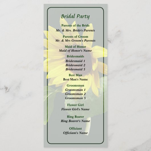 Sonnenblumen-Hochzeitsprogramm Programm (Rückseite)