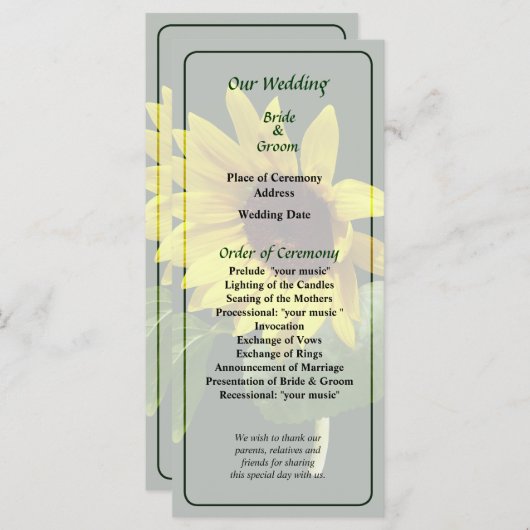 Sonnenblumen-Hochzeitsprogramm Programm (Vorne/Hinten)