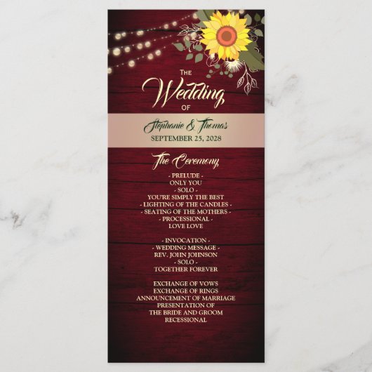 Sonnenblumen-Hochzeitsprogramm Programm (Vorderseite)