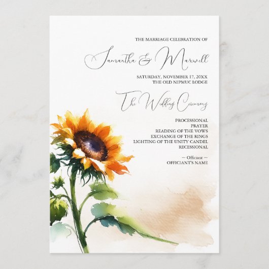 Sonnenblumen-Hochzeitsprogramm - Vintage Programm (Vorderseite)