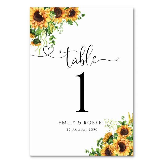 Sonnenblumen-Hochzeitstischnummern Tischnummer (Vorderseite)