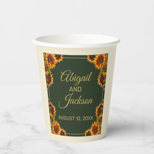 Sonnenblumen Hochzeitwald Grün & Gold Pappbecher (Vorderseite)