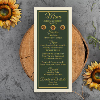 Sonnenblumen Hochzeitwald Grün und Gold Menükarte