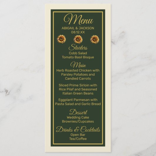 Sonnenblumen Hochzeitwald Grün und Gold Menükarte (Vorderseite)